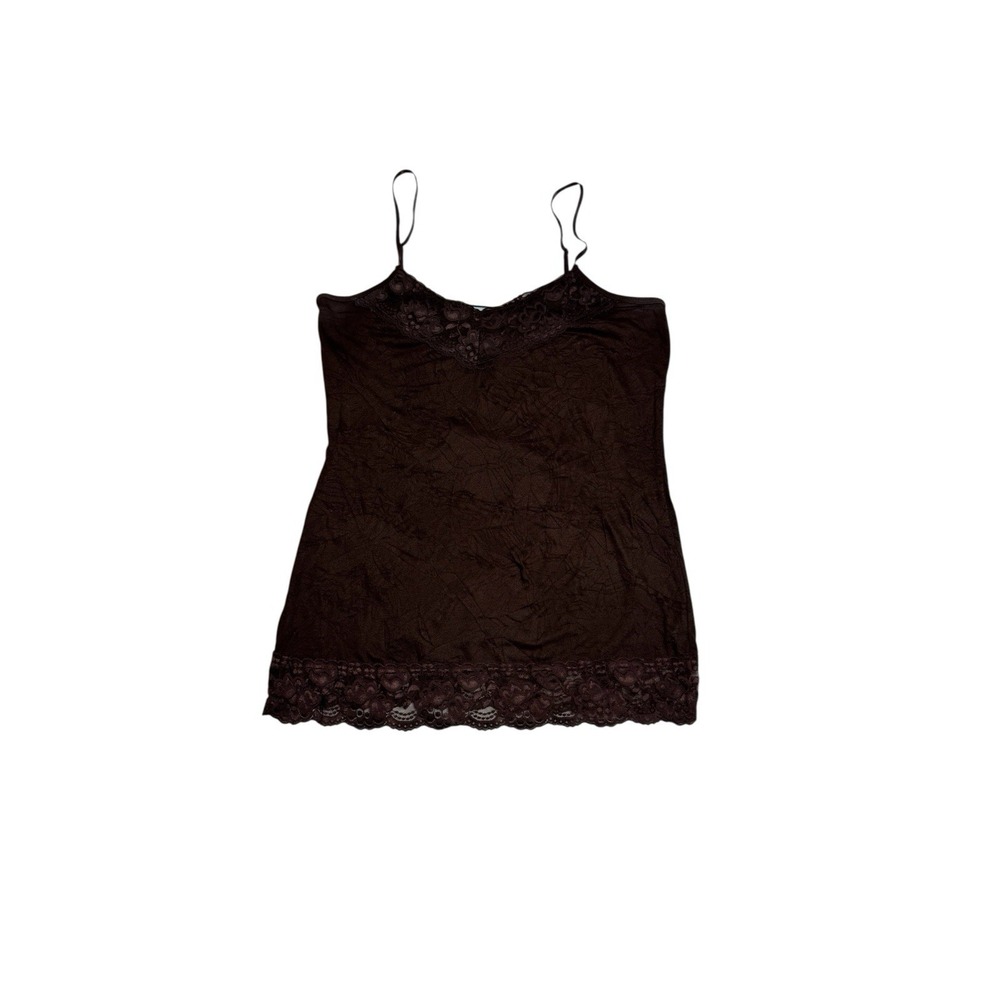 Women's Maurices Sz L Y2K Dark Brown Lace Trim Crinkle Cami Camisole Fairy